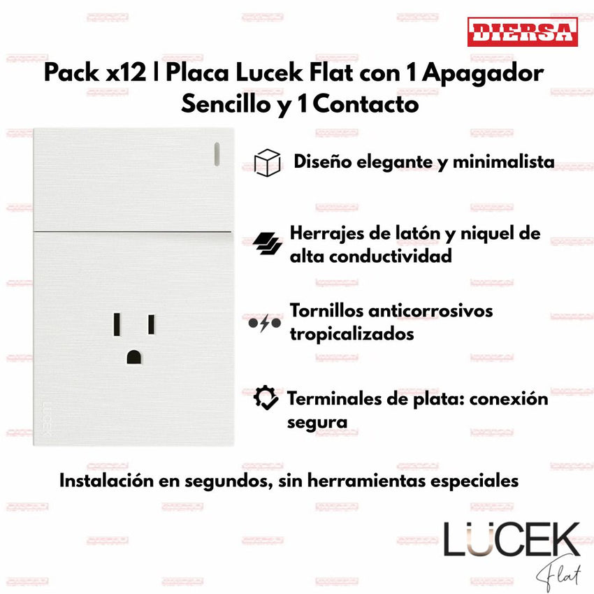 Pack x12 | Lucek Flat BF07 1 Apagador Sencillo y 1 Contacto