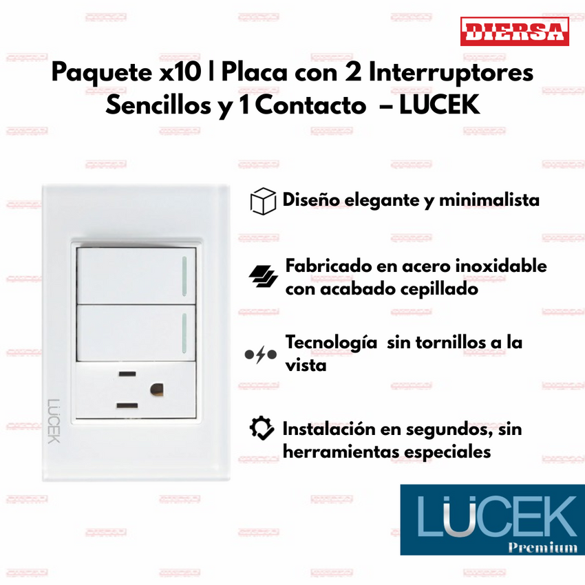 Pack x10 | Lucek Flat BP19 Cristal 2 Interruptores + 1 Contacto