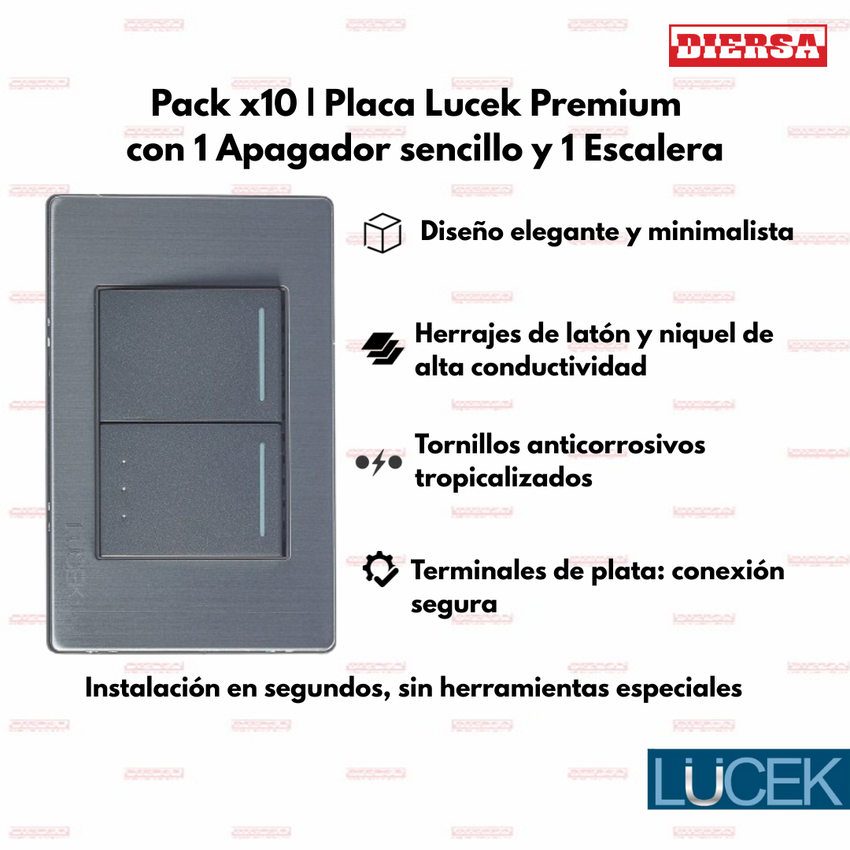 Pack x10 | Lucek Premium BP02/3 MP y MA con 1 Apagador Sencillo y 1 Escalera Anodizadas