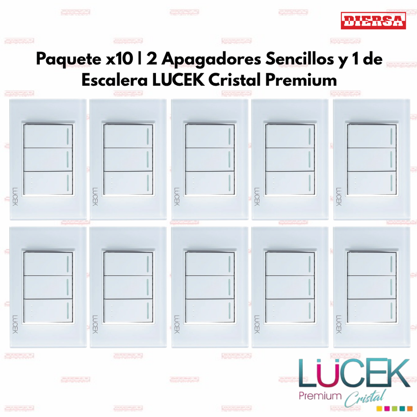 Pack x10 | Lucek Flat BP03/3 Cristal con 2 Apagadores Sencillos y 1 de Escalera